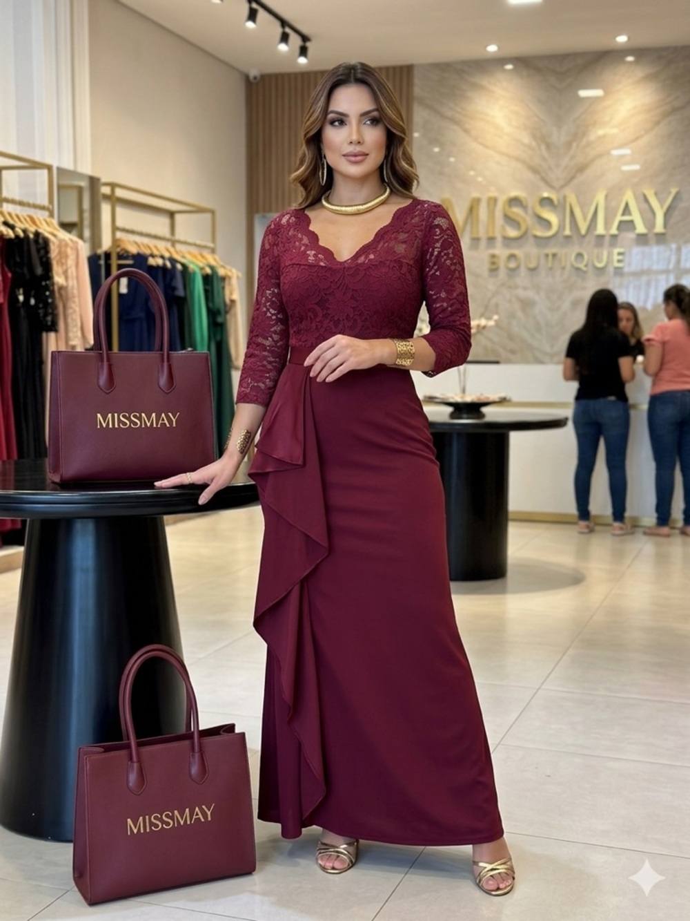 MISSMAY  Burgundy Lace Overlay dress